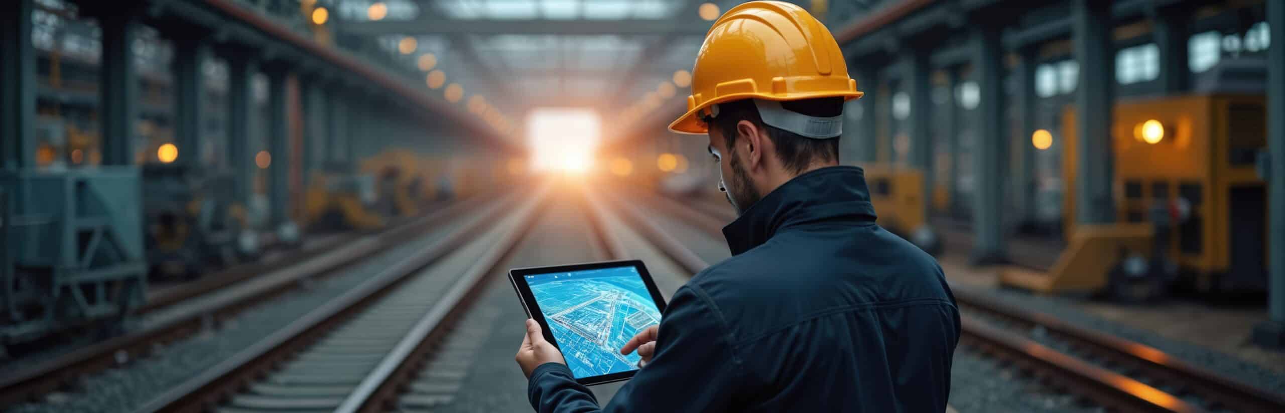 Industrial engineer using tablet inspects railway track systems. Railway worker in safety helmet reviews digital blueprints, checking train infrastructure. Transportation tech, railroad construction,