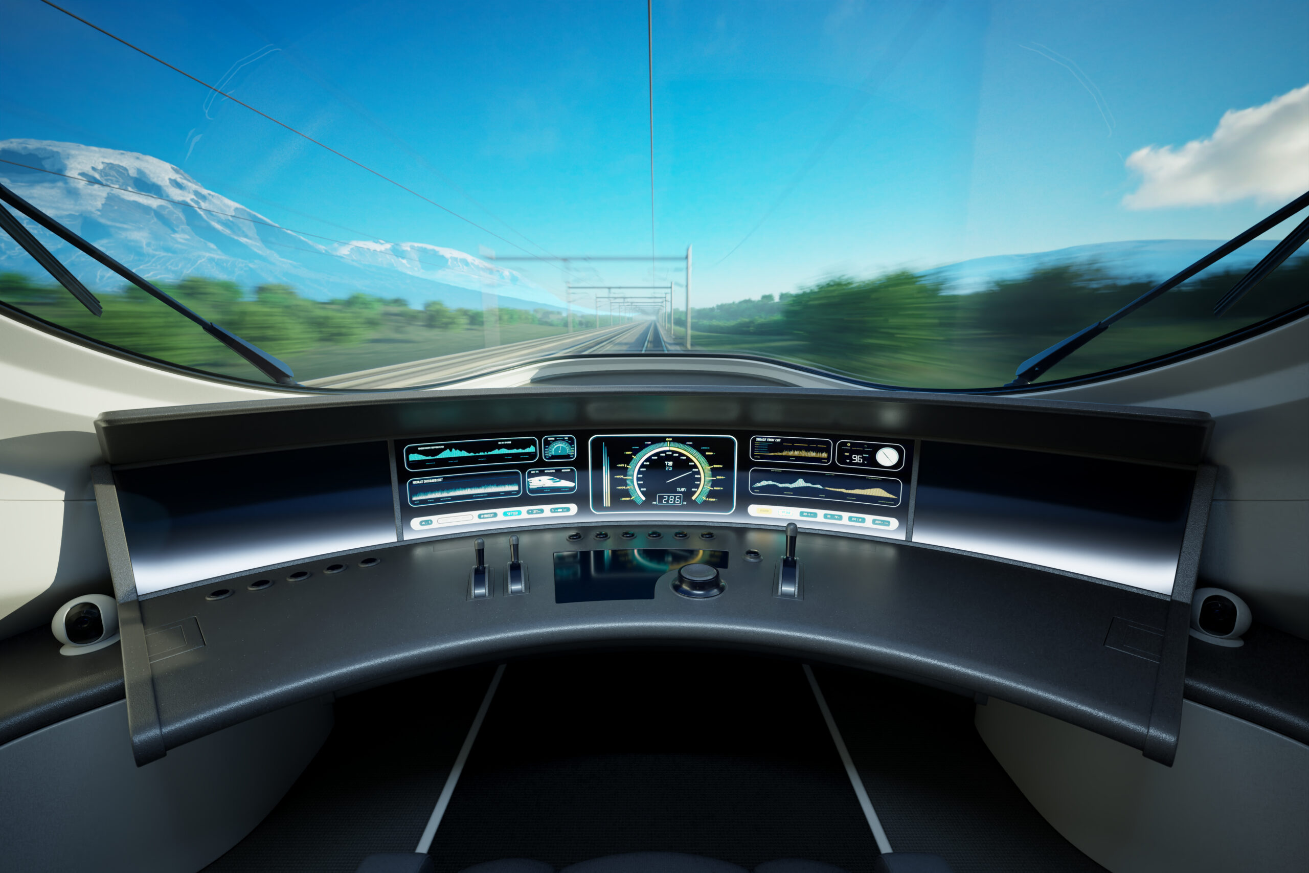 Modern High speed Train Operator’s Cabin with big Window. High-tech display